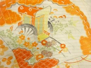 アンティーク　絽　桧扇に御所車模様刺繍名古屋帯